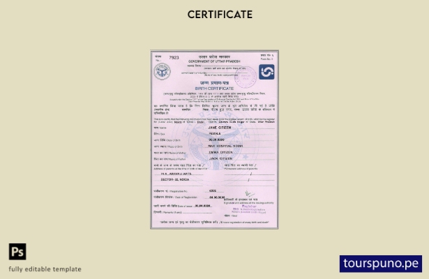 listo para imprimir plantilla de certificado de nacimiento del Gobierno de Uttar